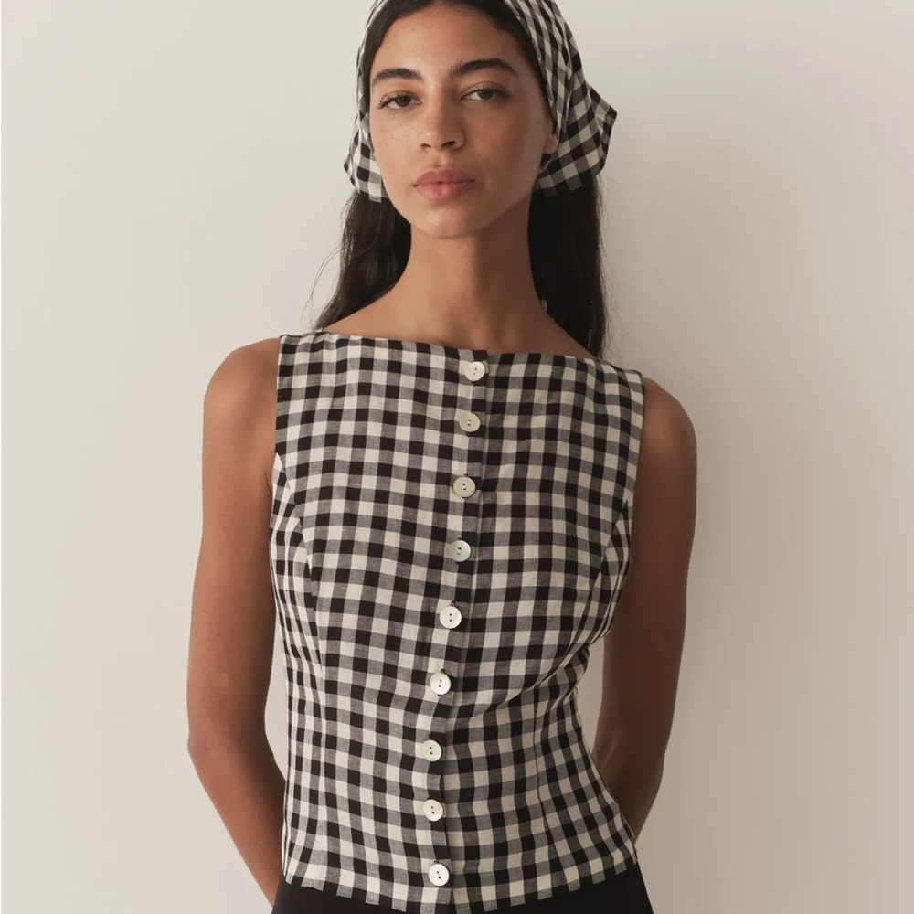 NWT Doen Hayden Marilyn Black and White Gingham Button-Front Sleeveless Top